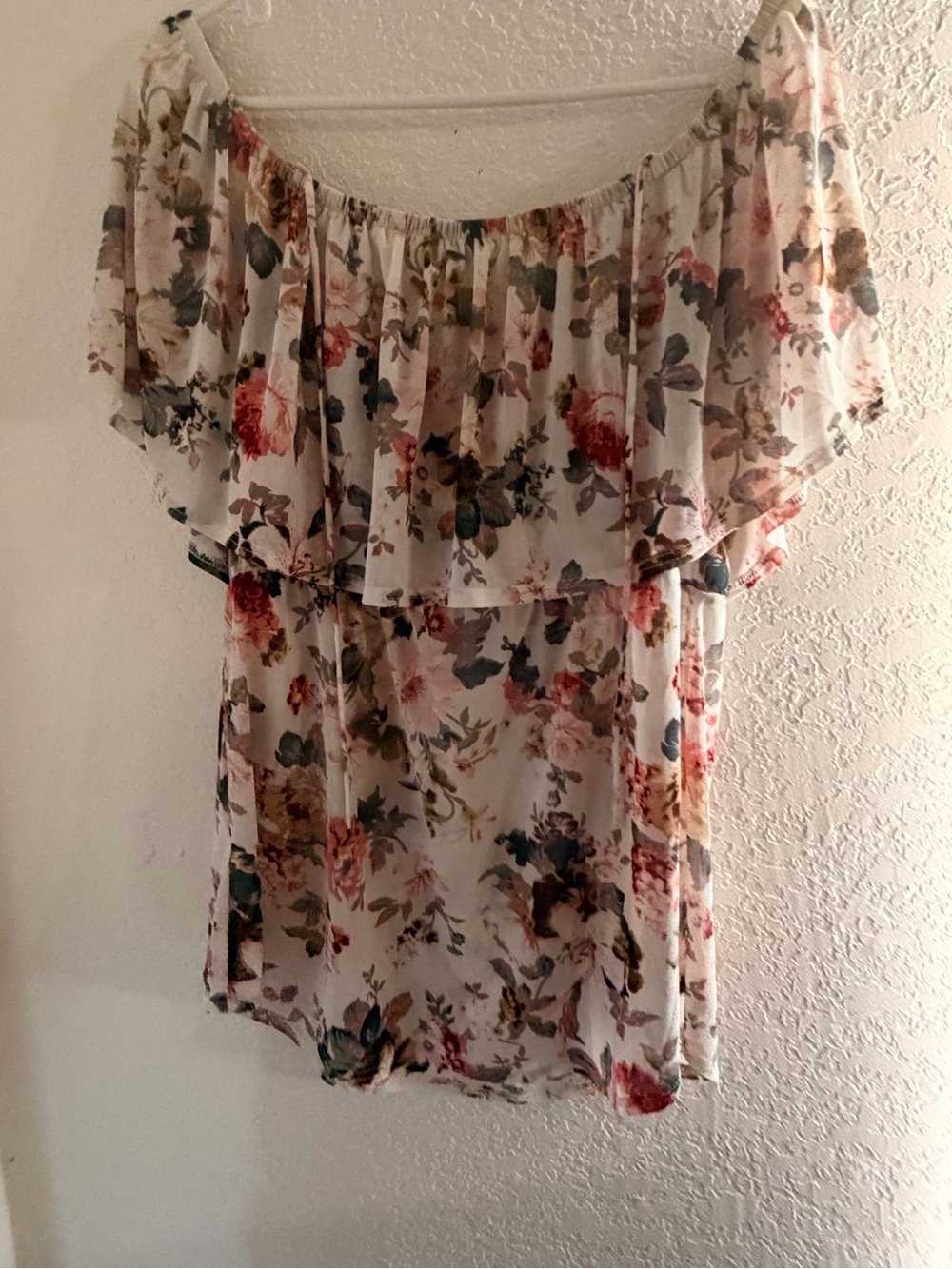Floral Off-Shoulder Women’s Top - Cream with Pink & Green Floral - Picture 2 of 3